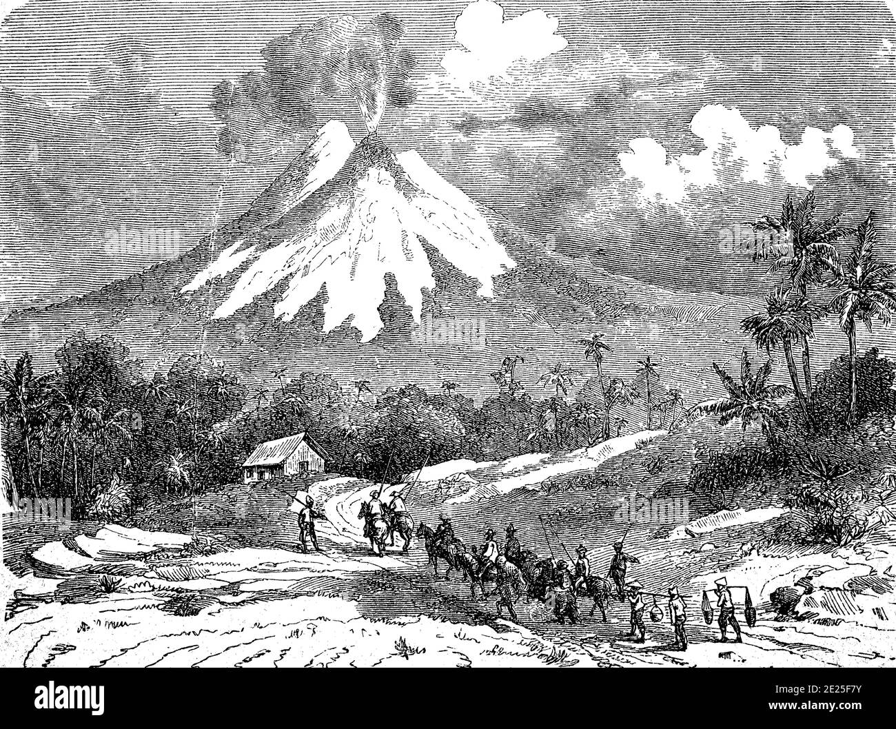 Semeru, auch Mahmeru, Great Meru, ist ein Stratovulkan und mit 3676 m Höhe der höchste Berg der Insel Java, Indonesien, Illustration von 1870 / Semeru, auch Mahmeru, großer Meru, ist ein Stratovulkan und mit 3676 m Höhe der höchsten Berg der Insel Java, Indonesien, Illustration aus 1870, Historisch, historisch, Digitale verbesserte Reproduktion eines Originals aus dem 19. Jahrhundert / digitale Reproduktion einer Originalvorlage aus dem 19. Jahrhundert, Stockfoto