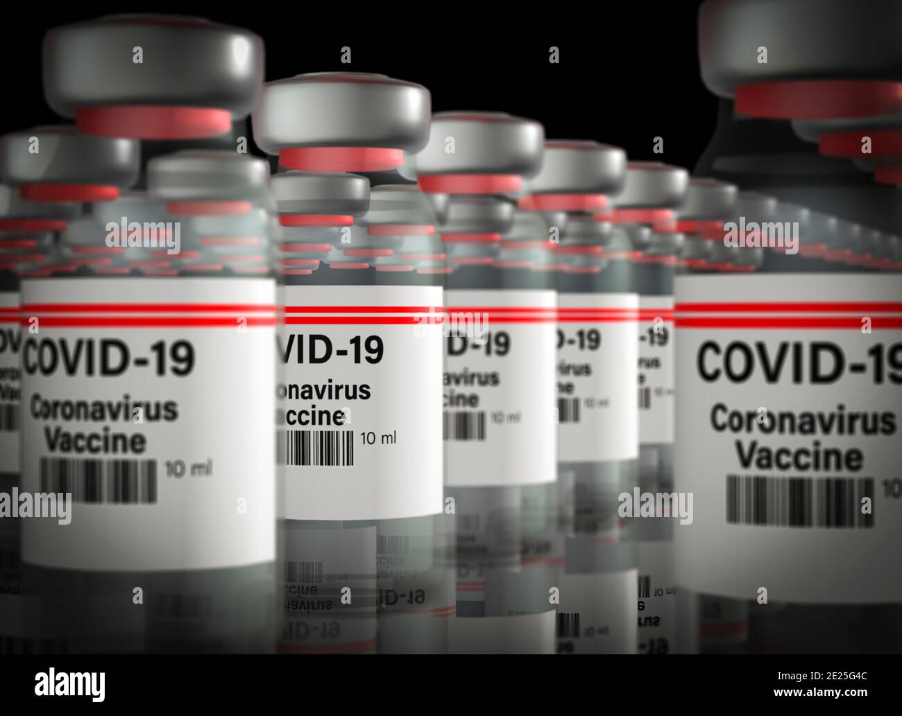 Große Mengen von Corona Virus Impfflaschen Konzept Stockfoto