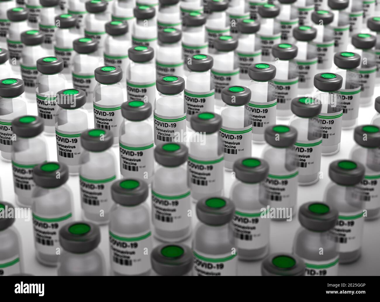 Große Mengen von Corona Virus Impfflaschen Konzept Stockfoto