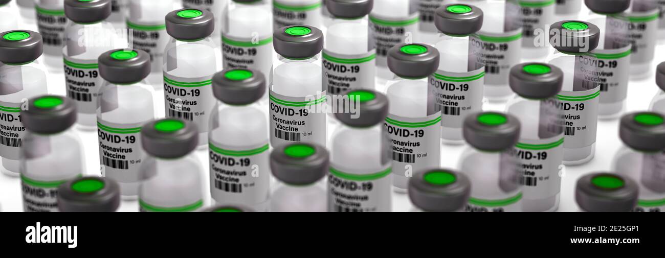 Große Mengen von Corona Virus Impfflaschen Konzept Panorama Stockfoto