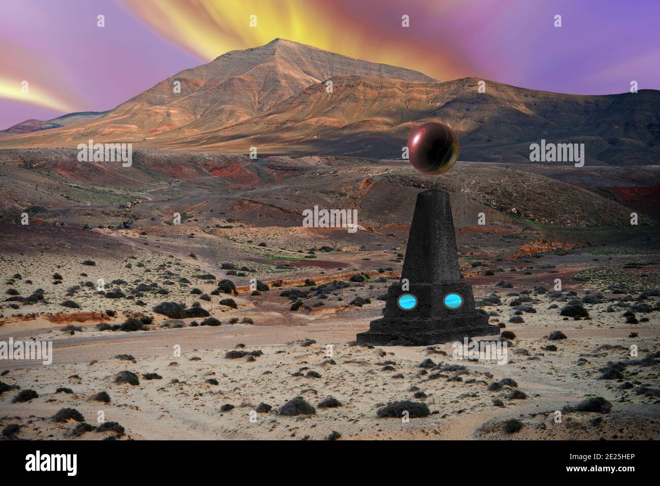 Hier ist ein Fantasiebild eines fremden Obelisken auf einer anderen Welt zu sehen. Stockfoto