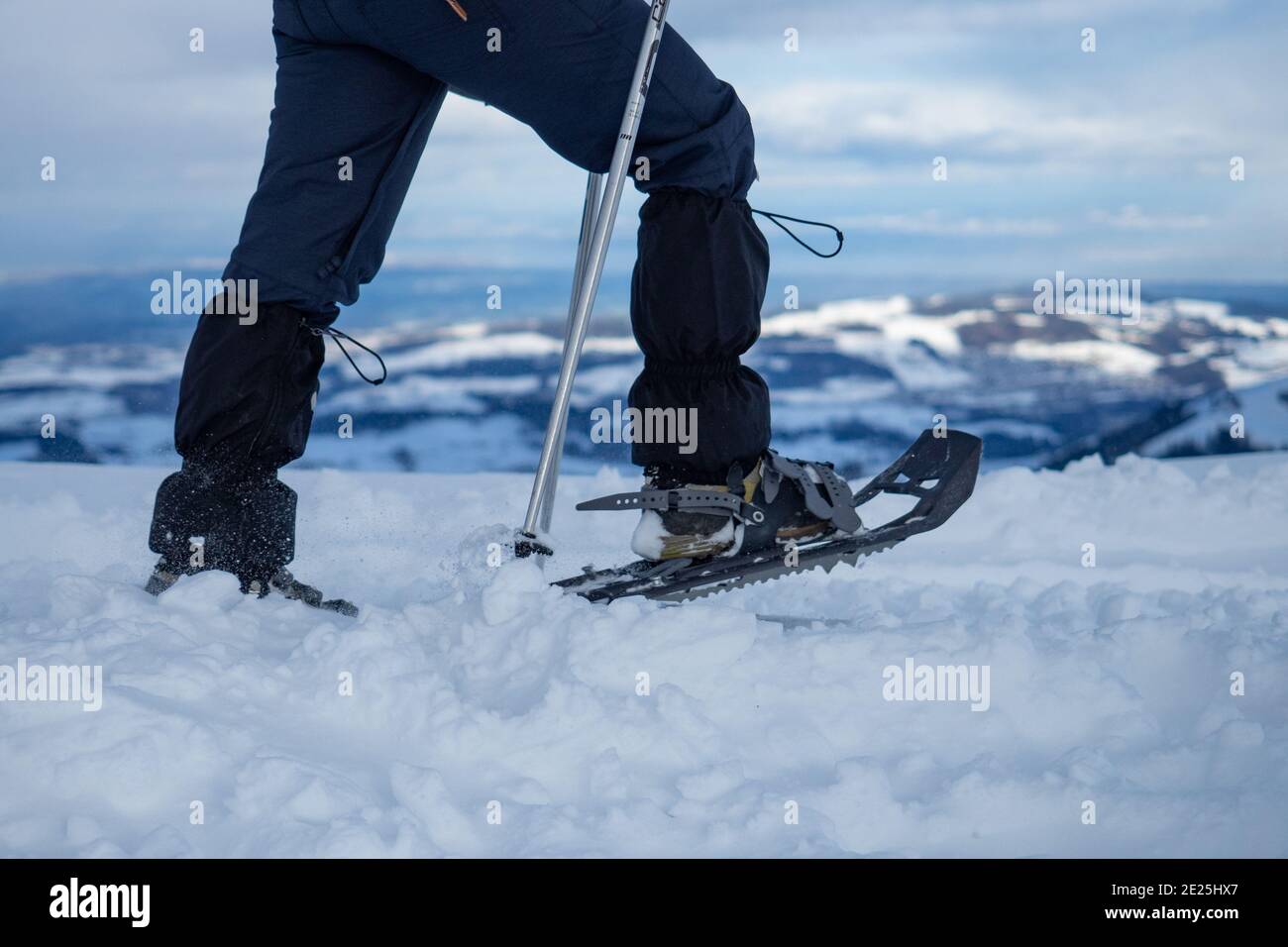 Ein Schneeschuhwanderer, der den Kronberg, einen Berg in der Schweiz, entlang läuft Stockfoto