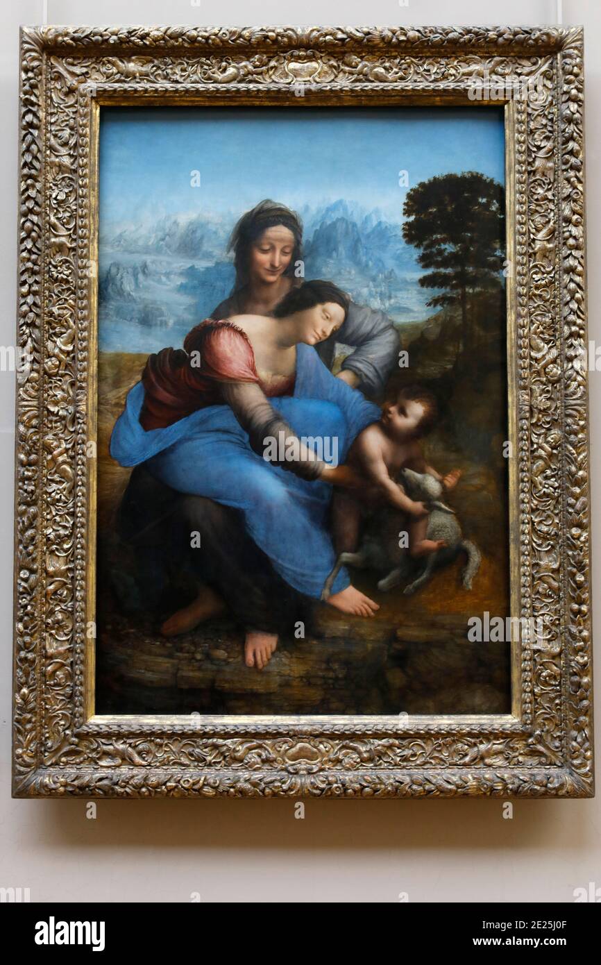 Louvre Museum, Paris, Frankreich. Leonardo da Vinci, die Jungfrau und Kind mit St. Anna, Öl auf Tafel, c. 1503-1519. Stockfoto