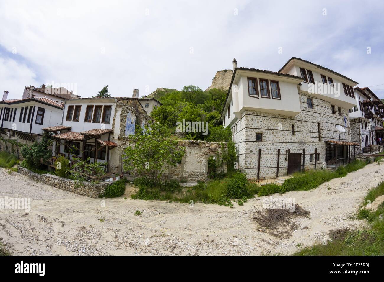 Melnik, Bulgarien. Traditionelle alte bulgarische Häuser in Melnik, der kleinsten bulgarischen Stadt. Stockfoto