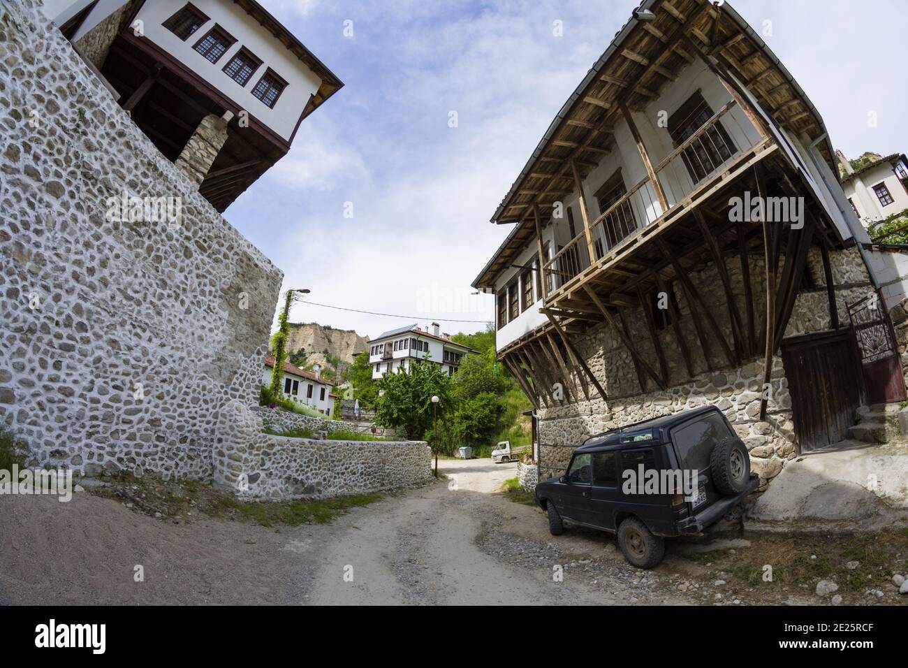 Melnik, Bulgarien. Traditionelle alte bulgarische Häuser in Melnik, der kleinsten bulgarischen Stadt. Stockfoto