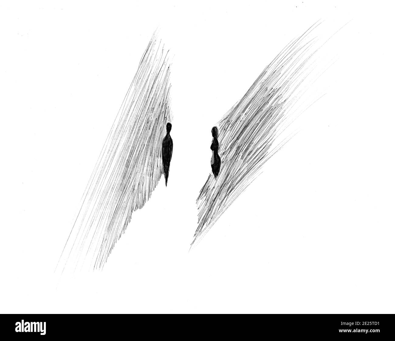 Kapstadt Südafrika - 13-08-2019 Ink style Illustration. Sicherheitslücke. Mann und Frau verstecken ihre Schatten. Stockfoto