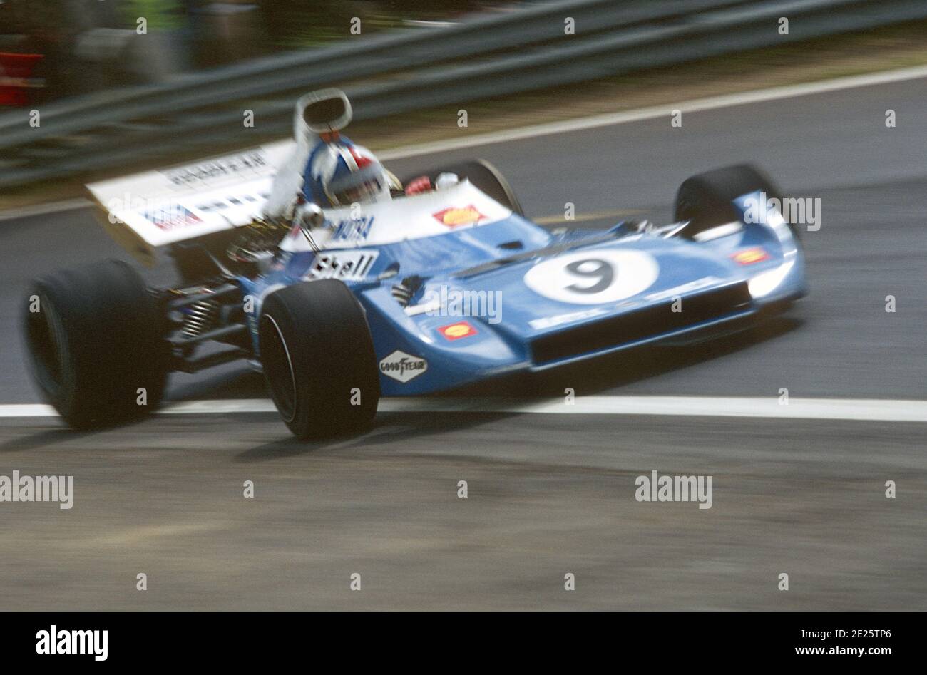 Chris AMON fährt Matra F1-Auto in voller Geschwindigkeit während des Grand Prix de France 1972, auf der Rennstrecke Charade in der Nähe von Clermont-Ferrand. Stockfoto