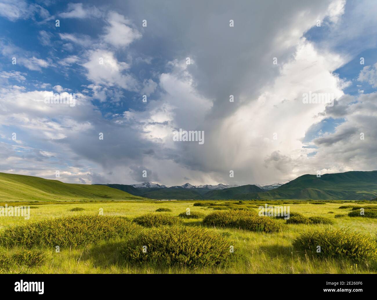 Ein Gewitter entwickelt sich. Die Suusamyr Ebene, ein Hochtal in den Tien Shan Bergen. Asien, Zentralasien, Kirgisistan Stockfoto
