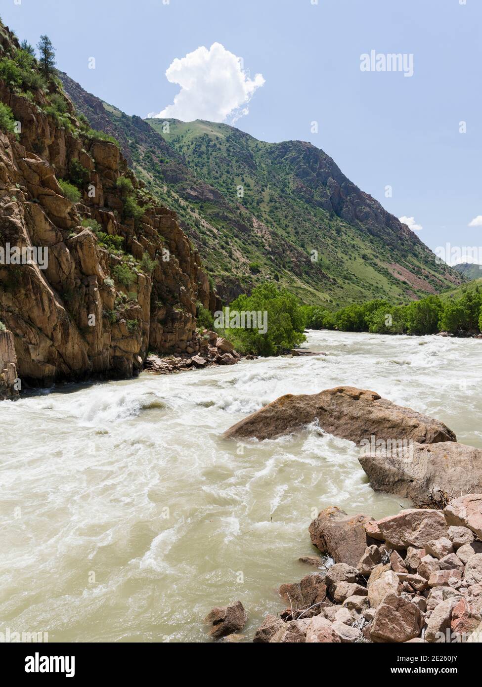 Tal des Flusses Suusamyr in den Tien Shan Bergen. Asien, Zentralasien, Kirgisistan Stockfoto