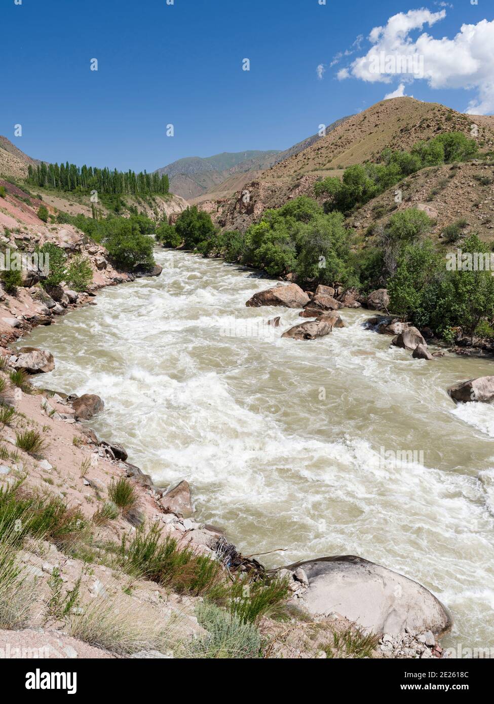 Tal des Flusses Suusamyr in den Tien Shan Bergen. Asien, Zentralasien, Kirgisistan Stockfoto