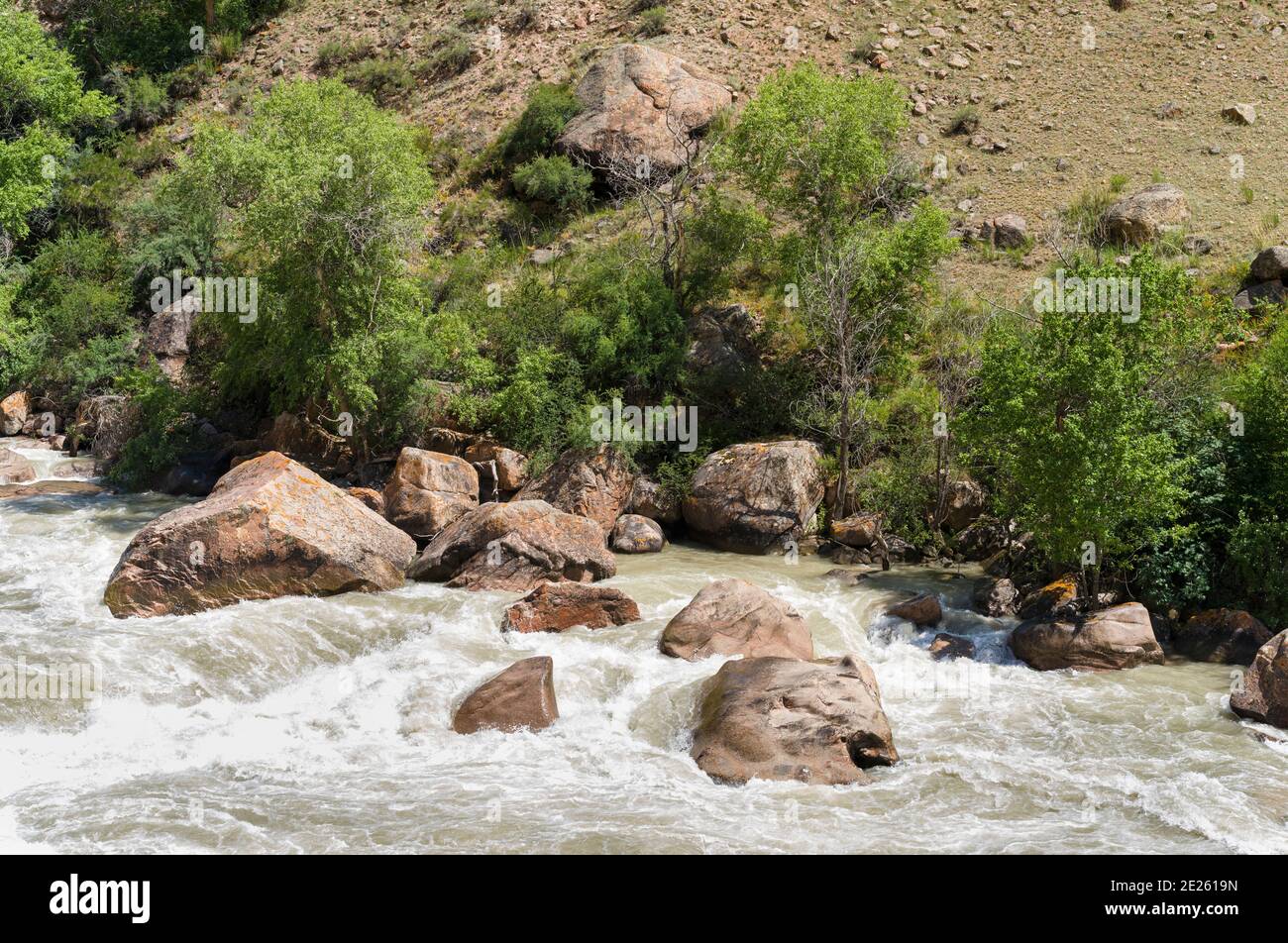 Tal des Flusses Suusamyr in den Tien Shan Bergen. Asien, Zentralasien, Kirgisistan Stockfoto
