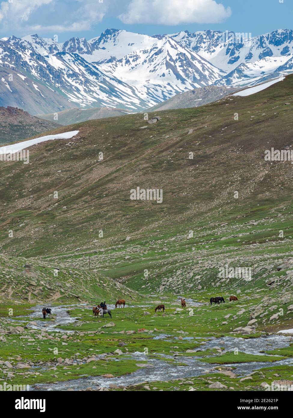 Landschaft am Oetmoek Pass im Tien Shan oder himmlische Berge. Asien, Zentralasien, Kirgisistan Stockfoto