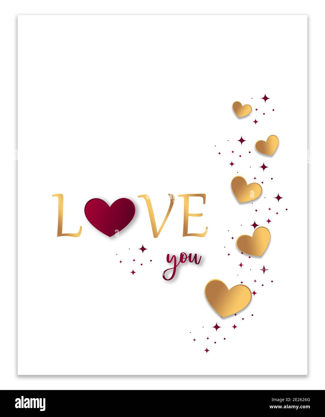 Romantische Valentinskarte mit goldfarbenen Herzen und Liebe Sie Text, Liebe Sie Design mit Herzen für valentinstag, Muttertag oder Hochzeit Stockfoto
