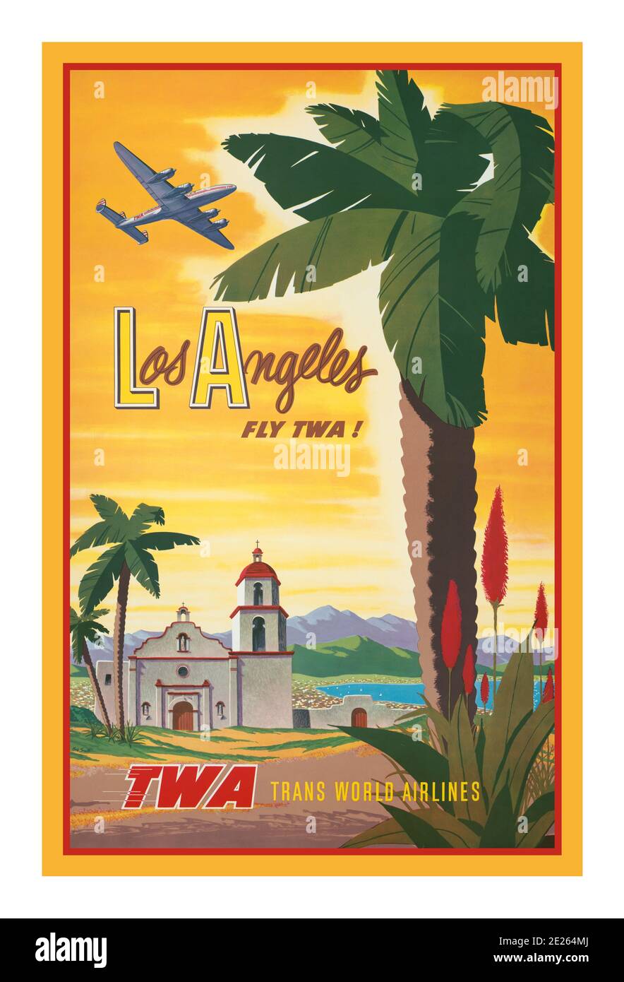 LOS ANGELES Vintage 50er Jahre Airline Poster Los Angeles - Fly TWA Bob Smith. Trans World Airlines Smith, Robert Harmer, 1906-1980, artist [United States] [1950er Jahre] Farblithographie ;(Poster Format) Poster zeigt Flugzeuge fliegen über Los Angeles Palmen und spanische Mission Kirche in der Nähe von See. Stockfoto