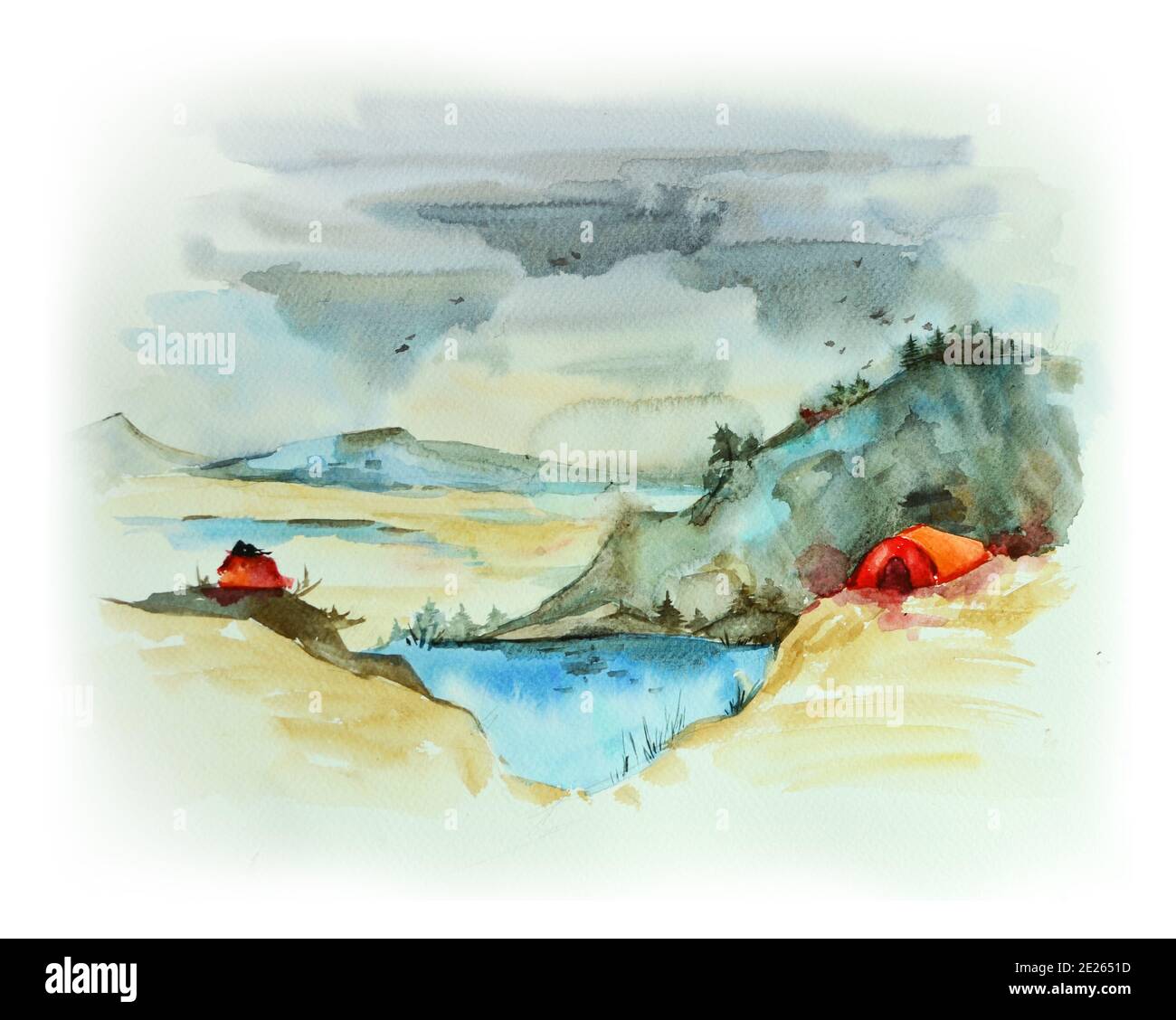 Liebespaar eingewickelt in einem Karli mit Blick auf die schöne Berglandschaft. Aquarellmalerei. Stockfoto