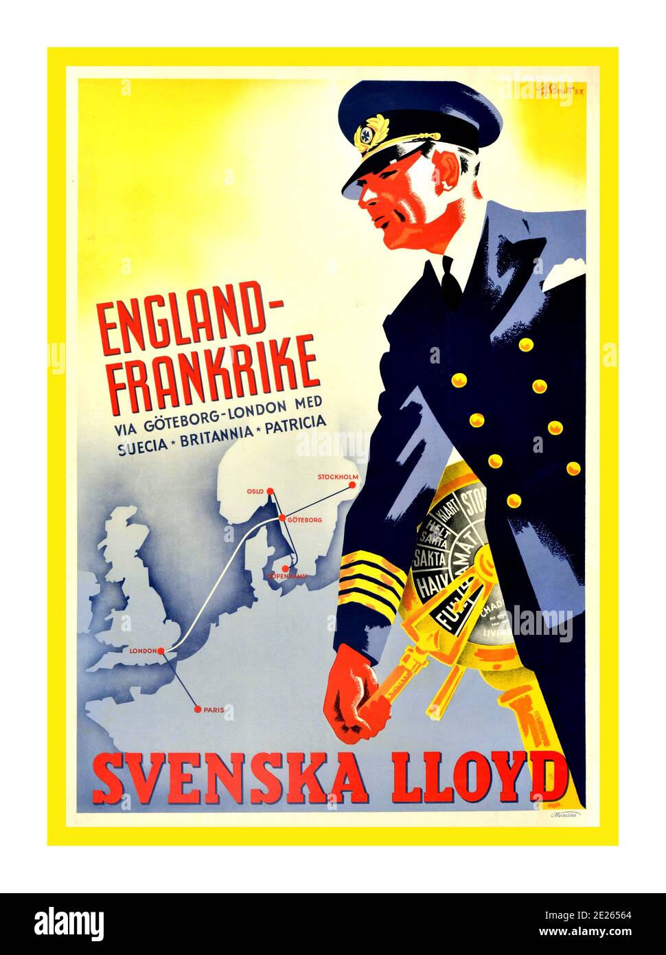 Reiseplakat 1930er Jahre Kreuzfahrtschiff Svenska Lloyd Swedish Lloyd Shipping Travel Original Vintage Kreuzfahrt Reise Plakat Werbung Swedish Lloyd / Svenska Lloyd - England Frankrike via Göteborg London Med Suecia Britannia Patricia - Kunstwerk eines Kapitäns in blauer Uniform und Hut mit seiner Hand auf dem Motor Auftrag Telegraph Mit voller Kraft voraus angetrieben das Schiff zu den Zielen auf der Karte im Hintergrund markiert zeigt die Schifffahrtslinien zwischen Göteborg, Oslo, Stockholm, Kopenhagen, London und Paris. Gedruckt bei Nezata in Schweden. Stockfoto