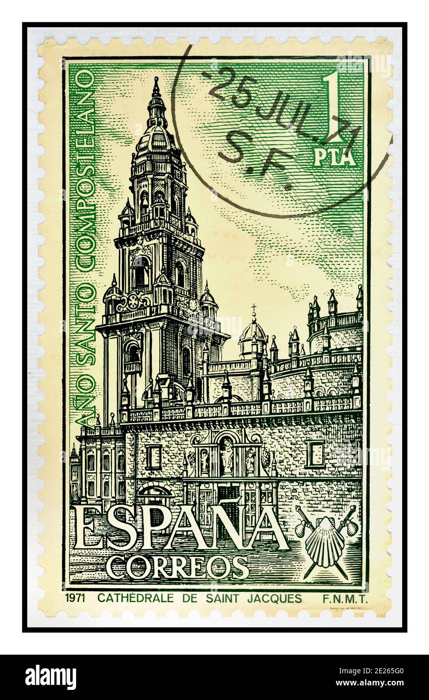 Kathedrale von Santiago de Compostela SPANIEN 1971 Vintage-Reiseposter, herausgegeben als 1 pta-Stempel mit markenähnlichen Kanten. Das Plakat bewirbt die Kathedrale von Santiago de Compostela in Galicien, Spanien. Die Kathedrale von Santiago de Compostela (spanisch und galizisch: Kathedrale von Santiago de Compostela) ist Teil der römisch-katholischen Erzdiözese Santiago de Compostela und integraler Bestandteil des Weltkulturerbes von Santiago de Compostela in Galicien, Spanien. Die Kathedrale ist die angebliche Begräbnisstätte des heiligen Jakobus des Großen, des Apostels Jesu Christi. Kathedrale Saint Jacques FNMT Stockfoto