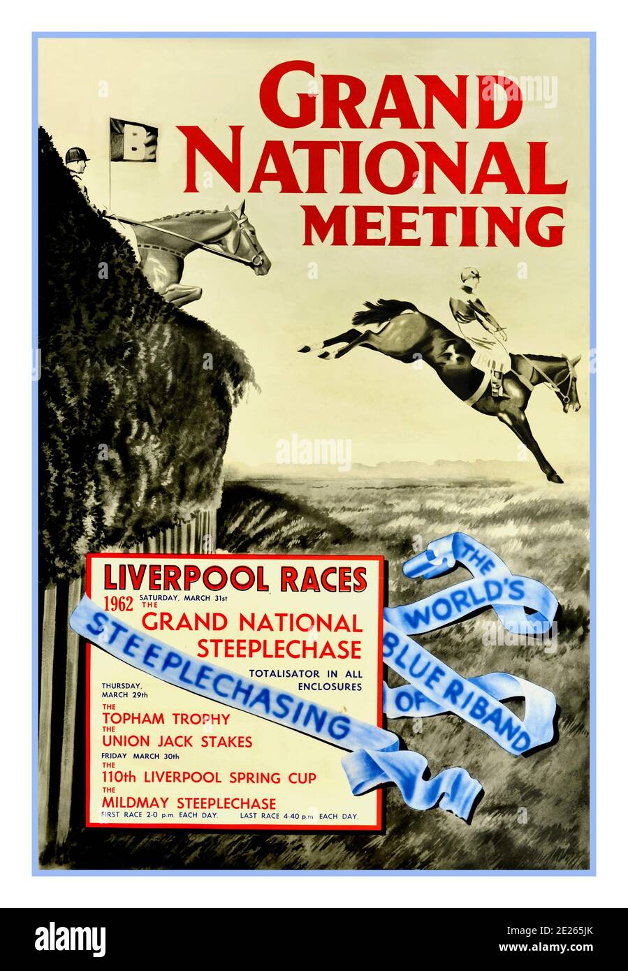 1962 GRAND NATIONAL STEEPLECHASE Vintage Sport Werbeplakat für Pferderennen, mit dem Titel Grand National Meeting - The World's Blue Riband of Steeplechasing, Liverpool Races, Kohlezeichnung von zwei Pferden und Jockeys in Aktion, Springen über ein Hindernis auf einem Steeplechase-Kurs. Das Grand National ist ein nationales Hunt Pferderennen, das jährlich auf der Aintree Racecourse in der Nähe von Liverpool, England, stattfindet. Es ist das wertvollste Sprungrennen in Europa. Die Veranstaltung fand am 31. März 1962, Samstag. Gedruckt bei Turner und Dunnet Limited, Liverpool. GROSSBRITANNIEN, 1962 Stockfoto