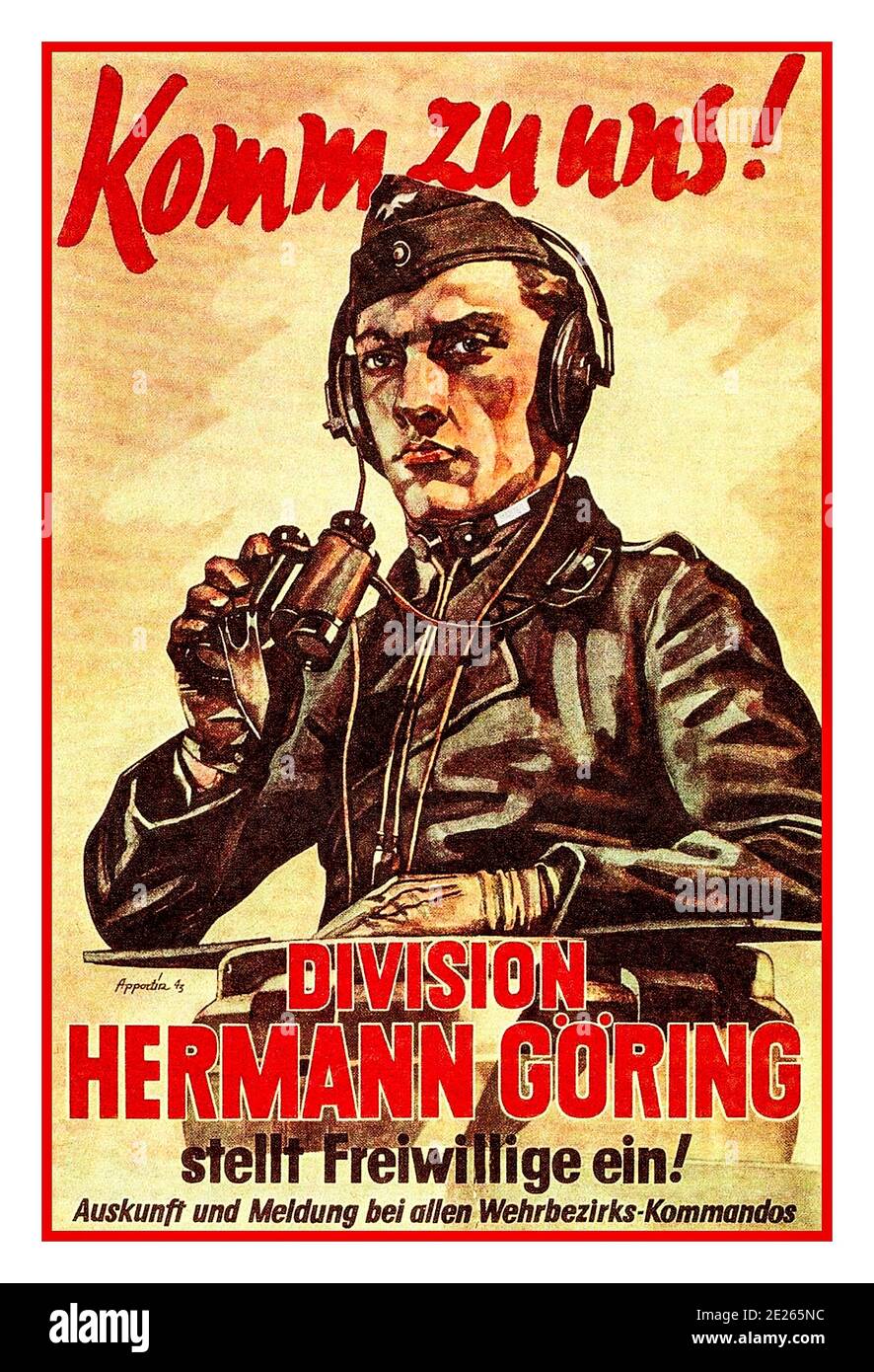 1943 NAZI-Rekrutierungsplakat KOMMEN SIE ZU uns Hermann Göring Division Volunteer. Komm zu uns Division Hermann Göring stellt freiwillig ein ! Die Fallschirm-Panzer-Division 1. Hermann Göring (1. Fallschirmpanzer-Division Hermann Göring - abgekürzt Fallschirmpanzer-Div 1 HG) war eine deutsche Elitepanzerdivision der Luftwaffe. Die HG hat in Nordafrika, Sizilien, Italien und an der Ostfront gehandelt. Stockfoto