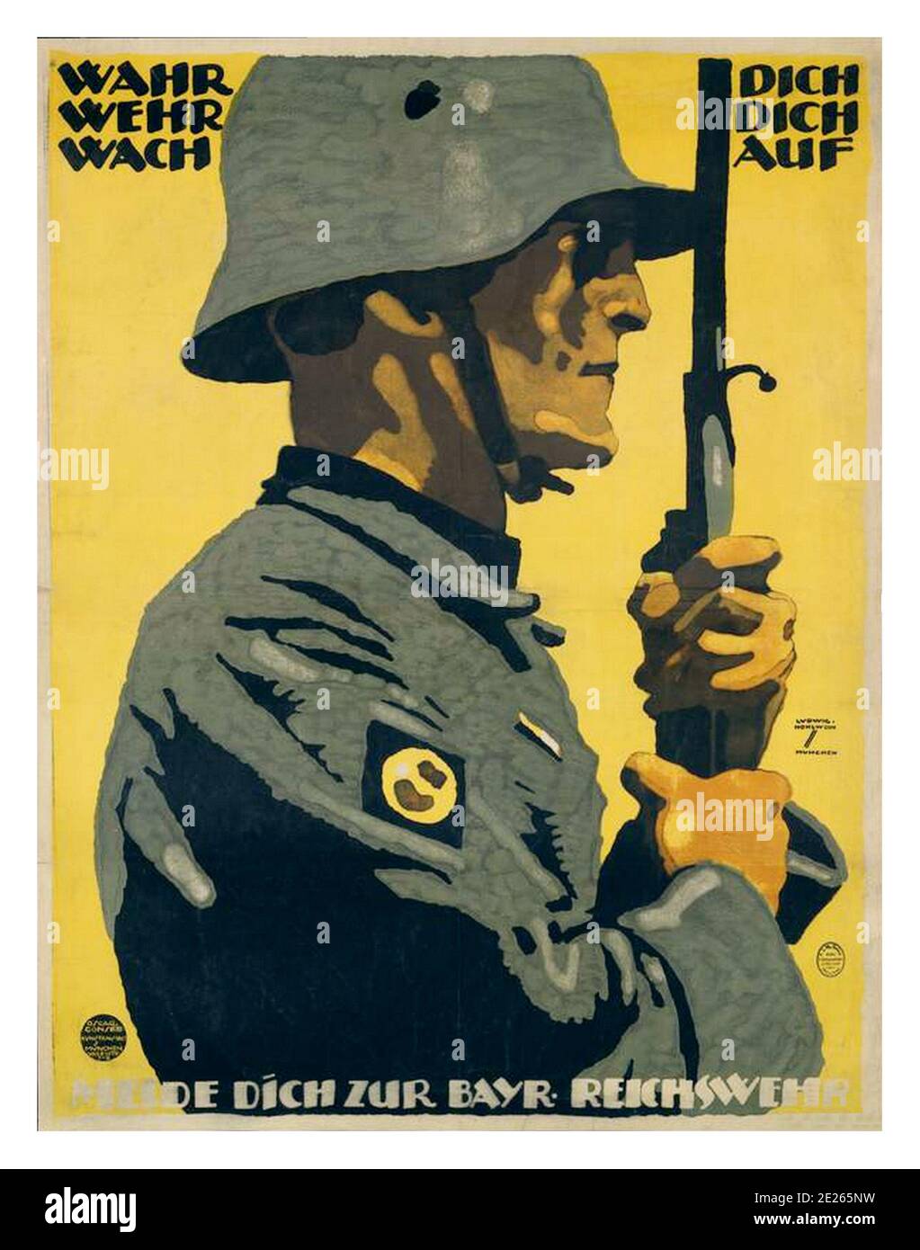 WW1 Deutschland Vintage Recruiting WW1 German Propaganda Poster 1918-- sich selbst treu verteidigen wach auf. Melden Sie sich bei der Bayerischen Reichswehr. WEH WEH tch Wach on. Melde dich zur Bayr-Reichswehr erster Weltkrieg Stockfoto