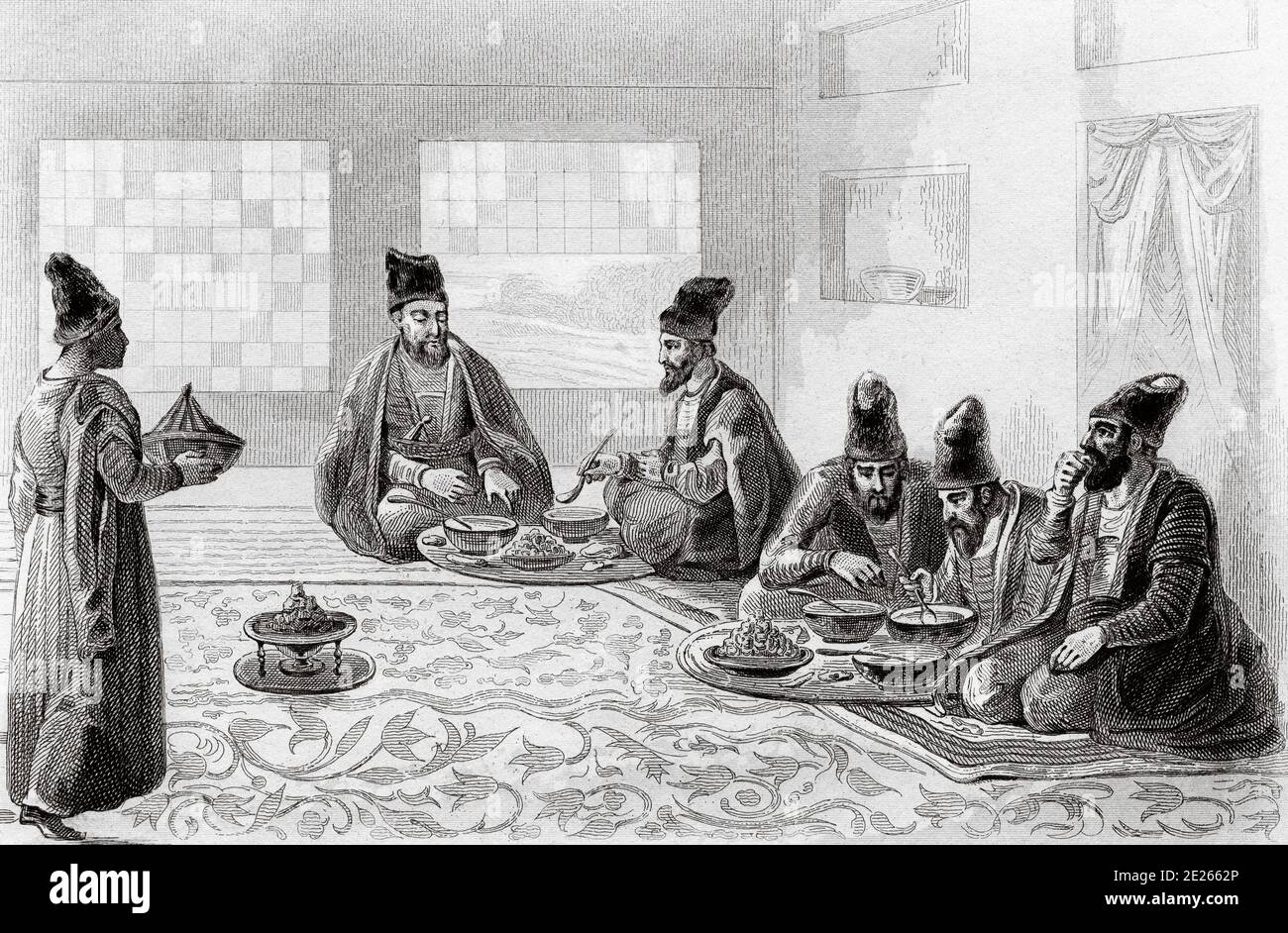 Der traditionellen persischen Mittagessen. Iran. Alte Stahl Gravierte antiken Drucken. In L'Univers La Perse veröffentlicht, in 1841. Geschichte der alten persischen Reiches Stockfoto