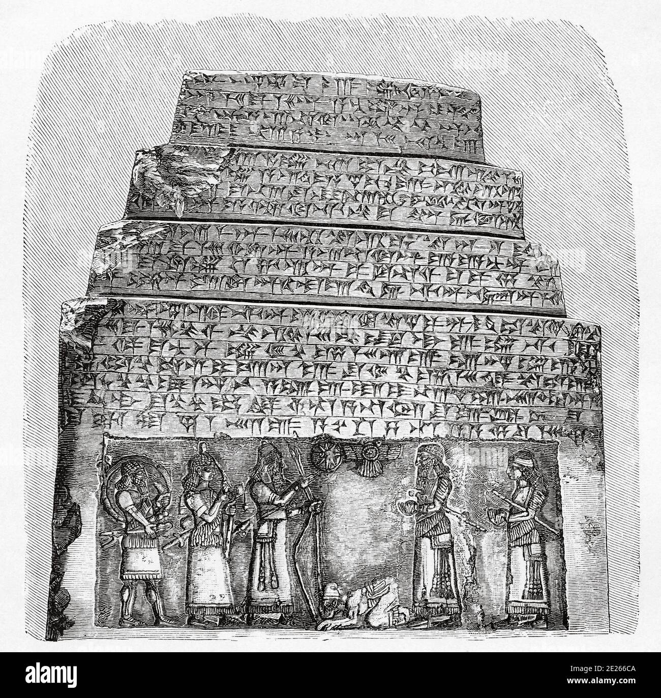 Der Schwarze Obelisk von Salmanasar III ist eine assyrische schwarze Kalksteinskulptur mit vielen Basreliefszenen und Inschriften. Es stammt aus Nimrud (ehemals Kalhu), im Nordirak, und erinnert an die Ereignisse von König Shalmaneser III.. Alte Gravurillustration aus dem Buch Universal History von Oscar Jager 1890 Stockfoto