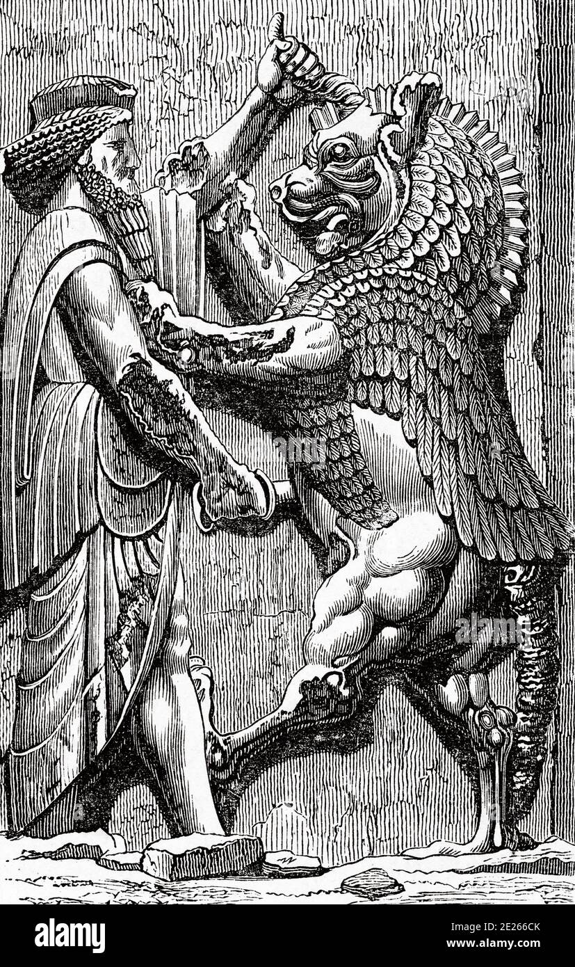 pic Ahrimanic Age https www alamy de persischer konig im kampf mit einem monster das ahriman symbolisiert ahriman angra mainyu erste inkarnation des bosen tier vom konig getotet grosses relief von daro palast persepolis zeremonielle hauptstadt des achameniden reiches unesco weltkulturerbe provinz fars iran alte gravurillustration aus dem buch universal history von oscar jager 1890 image397204547 html