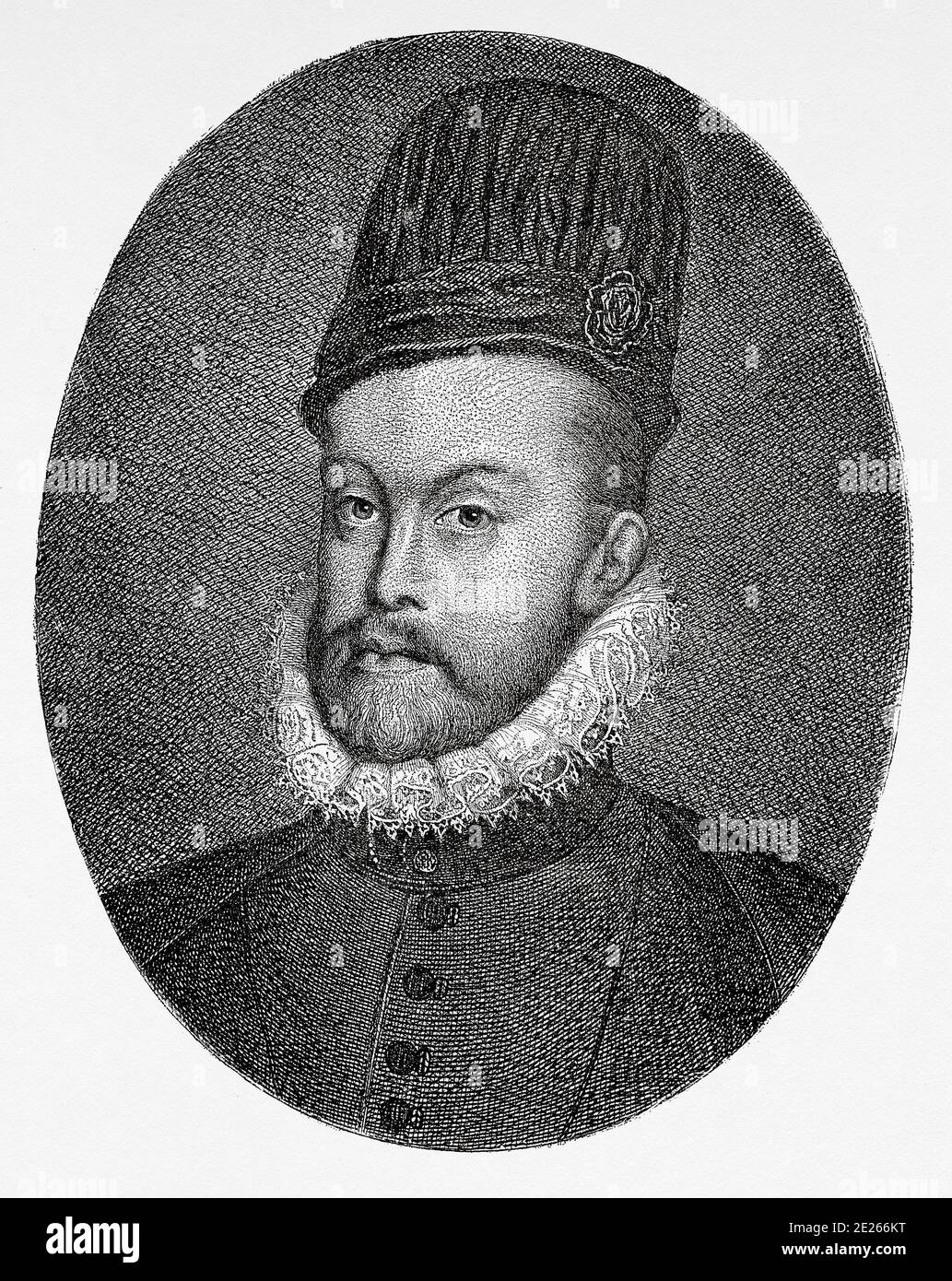 Porträt von Philipp II. Von Spanien, genannt "der Kluge" (Valladolid, 21. Mai 1527 - San Lorenzo de El Escorial, 13. September 1598), war König von Spanien vom 15. Januar 1556 bis zu seinem Tod, In Neapel und Sizilien seit 1554 und Portugal und den Algarve - wie Philipp I. - seit 1580. Er war auch König von England und Irland, Iure Uxoris, für seine Ehe mit Maria I., zwischen 1554 und 1558. Geschichte von Philipp II. Von Spanien. Alter Stich veröffentlicht in Historia de Felipe II von H. Forneron, im Jahr 1884 Stockfoto