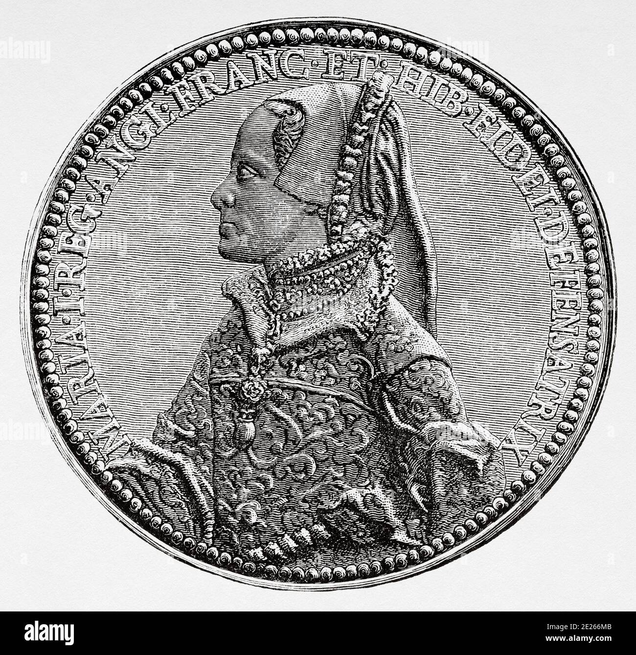 Portrait Medaillensiegel von Maria I. (18. Februar 1516 - 17. November 1558) war Königin von England und Irland. Genannt Bloody Mary. Geschichte von Philipp II. Von Spanien. Alter Stich veröffentlicht in Historia de Felipe II von H. Forneron, im Jahr 1884 Stockfoto