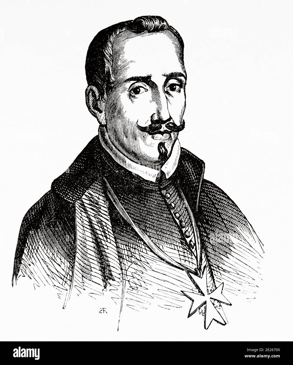 Porträt von Lope de Vega Carpio (Madrid 1562 - 1635). Dichter und Dramatiker des spanischen Goldenen Zeitalters, einer der produktivsten Autoren der universellen Literatur. Genannt Fénix de los ingenios und Monster of Nature (von Miguel de Cervantes). Spanisches Barocktheater Freund von Francisco de Quevedo und Juan Ruiz de Alarcón. Alter Stich des Buches Spanisches Lebensjahr von Ildefonso Fernandez 1899 Stockfoto