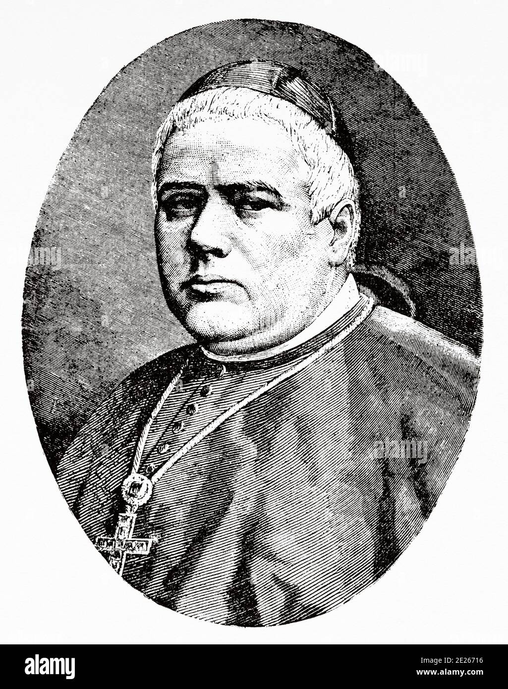 Porträt von Juan de la Cruz Ignacio Moreno und Maisonnave (Guatemala-Stadt 1817 - Toledo 1884). Spanischer Jurist und Theologe, Mitglied des spanischen Rota-Hofes, Kardinal-Erzbischof von Valladolid und Kardinal-Erzbischof Primado von Toledo. Alter Stich des Buches Spanisches Lebensjahr von Ildefonso Fernandez 1899 Stockfoto