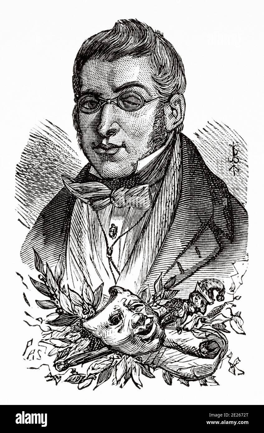 Porträt von Manuel Breton de los Herreros (Quel 1796 - Madrid 1873). Spanischer Dramatiker, Dichter und Journalist. Romantik Bewegung. Genre Theater und Poesie. Mitglied der Königlichen Spanischen Akademie. Alter Stich des Buches Spanisches Lebensjahr von Ildefonso Fernandez 1899 Stockfoto