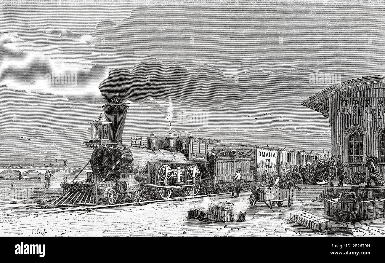 Omaha Bahnhof Ausgangspunkt der Pacific Railway, Nebraska, Vereinigte Staaten von Amerika. Reise in den amerikanischen Westen mit Simonin 1867. Alter Stich El Mundo en la Mano 1878 Stockfoto