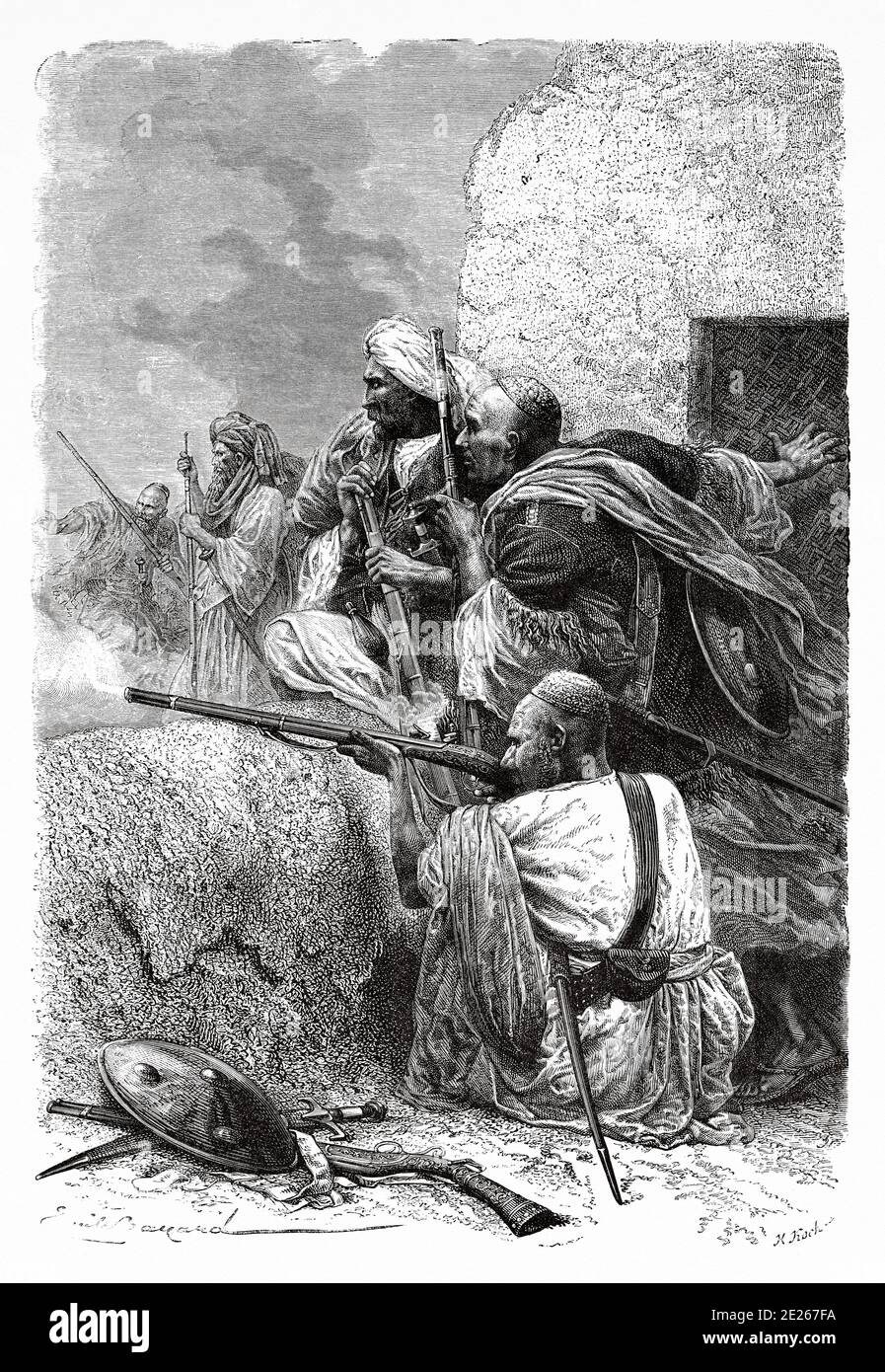 Highlanders nördliche afghanische Rebellen kämpfen die Briten in den Bergen von Hazara, Pakistan während der britischen Herrschaft, Indien. Ausflug nach Punjab und Kaschmir mit Guillaume Lejean. Alter Stich El Mundo en la Mano 1878 Stockfoto