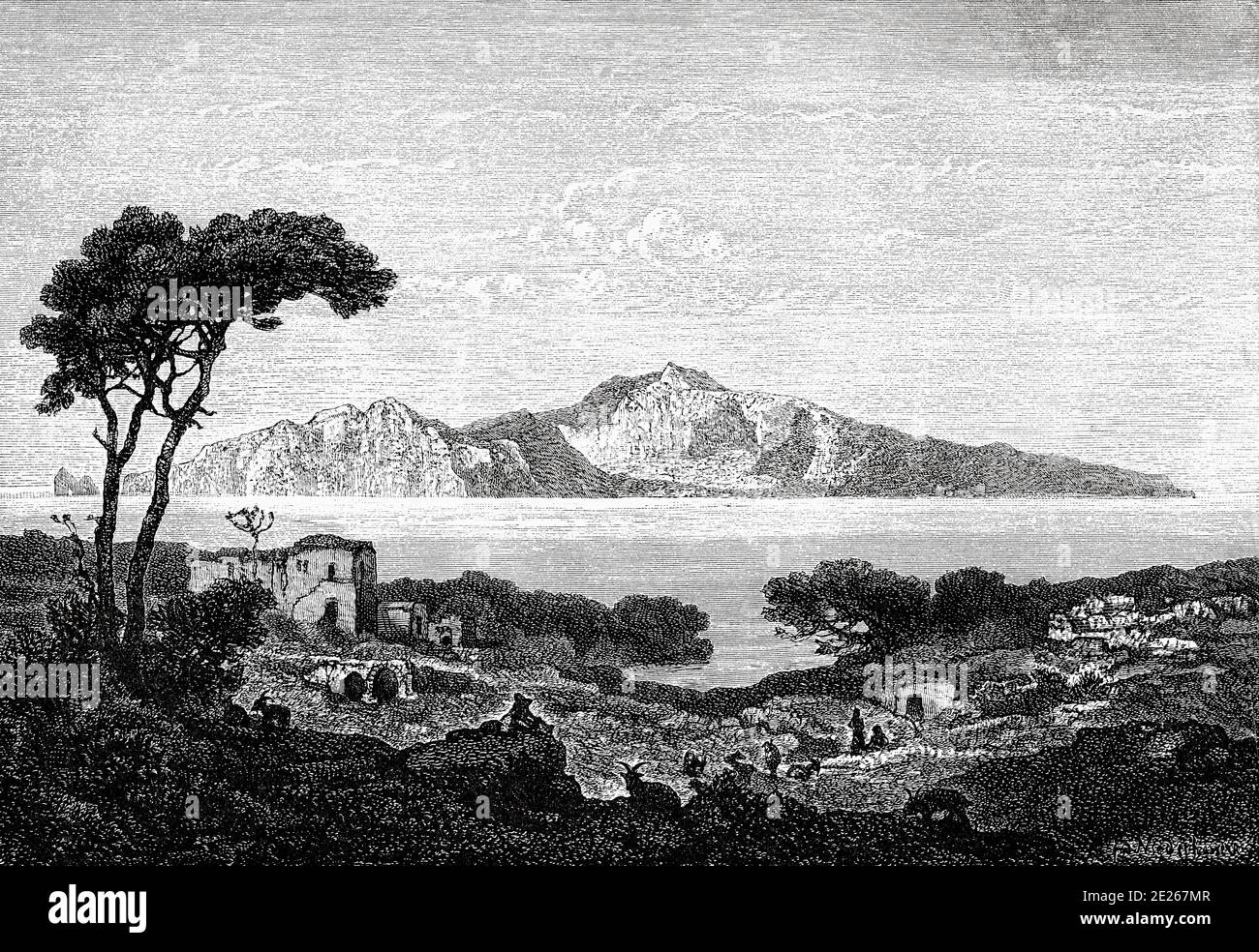 Panorama-Gesamtansicht der Insel Capri von Massa-Lubrense. Italien Europa. Altes XIX. Jahrhundert gravierte Illustration aus dem Buch Neue universelle Geographie von Eliseo Reclus 1889 Stockfoto