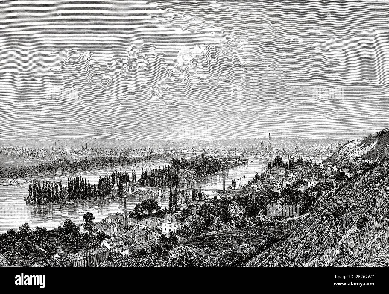 Allgemeine Panoramablick auf Rouen und die seine, Normandie Region, seine-Maritime Department. Frankreich Europa. Altes XIX. Jahrhundert gravierte Illustration aus dem Buch Neue universelle Geographie von Eliseo Reclus 1889 Stockfoto