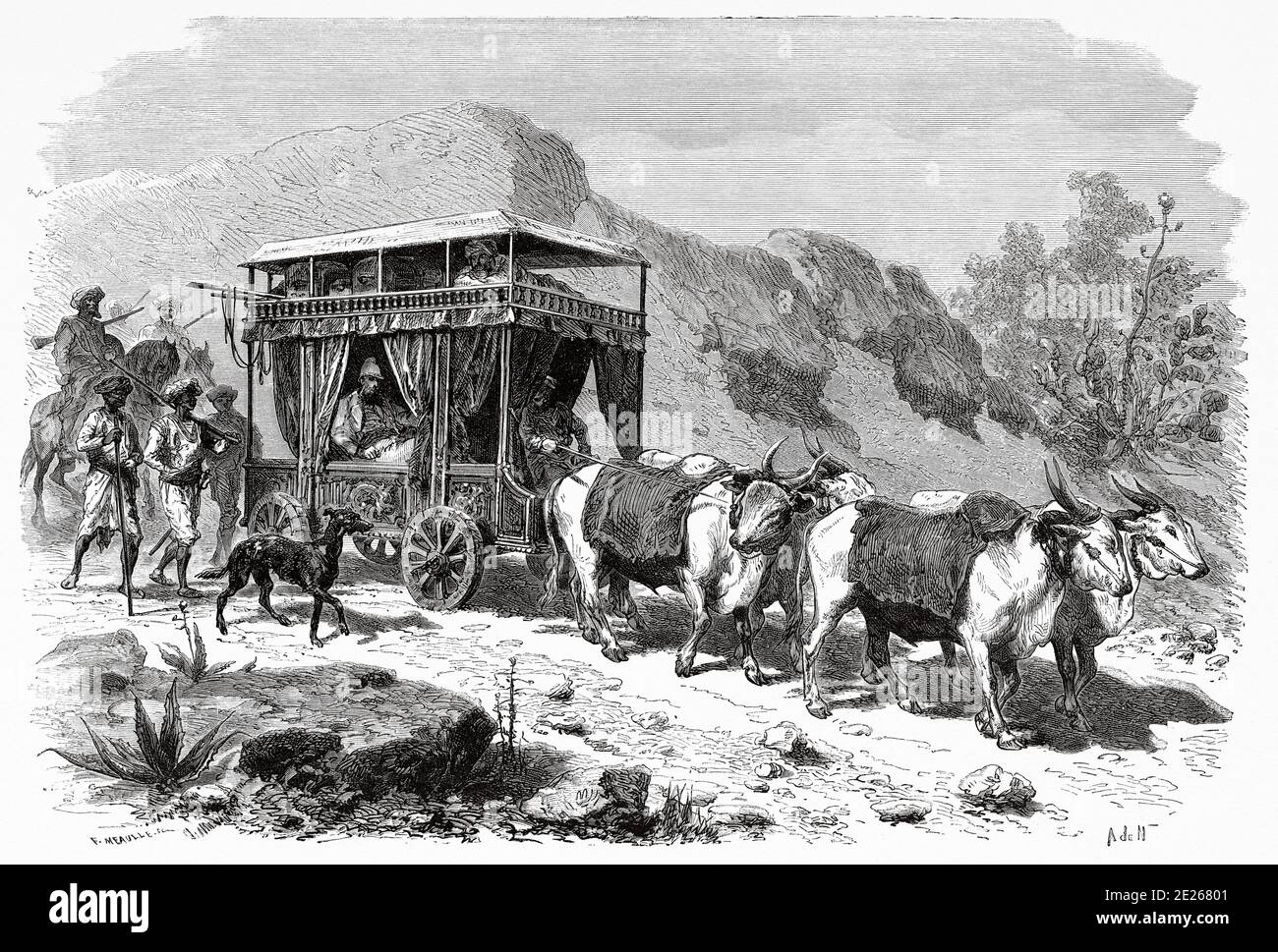 Der Tciopaya, großer zebu-gezogener Wagen für lange Reisen, Indien. Alte Gravurillustration aus El Mundo en la Mano 1878 Stockfoto