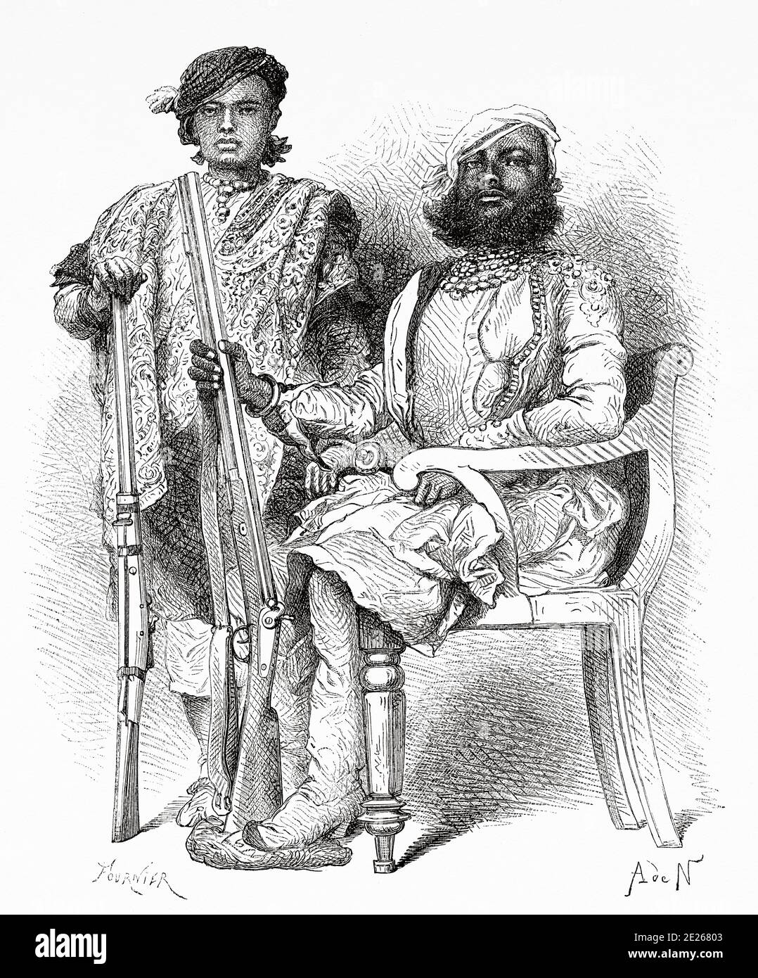 Porträt von Dholepor edlen Charakteren, Indien. Alte Gravurillustration aus El Mundo en la Mano 1878 Stockfoto