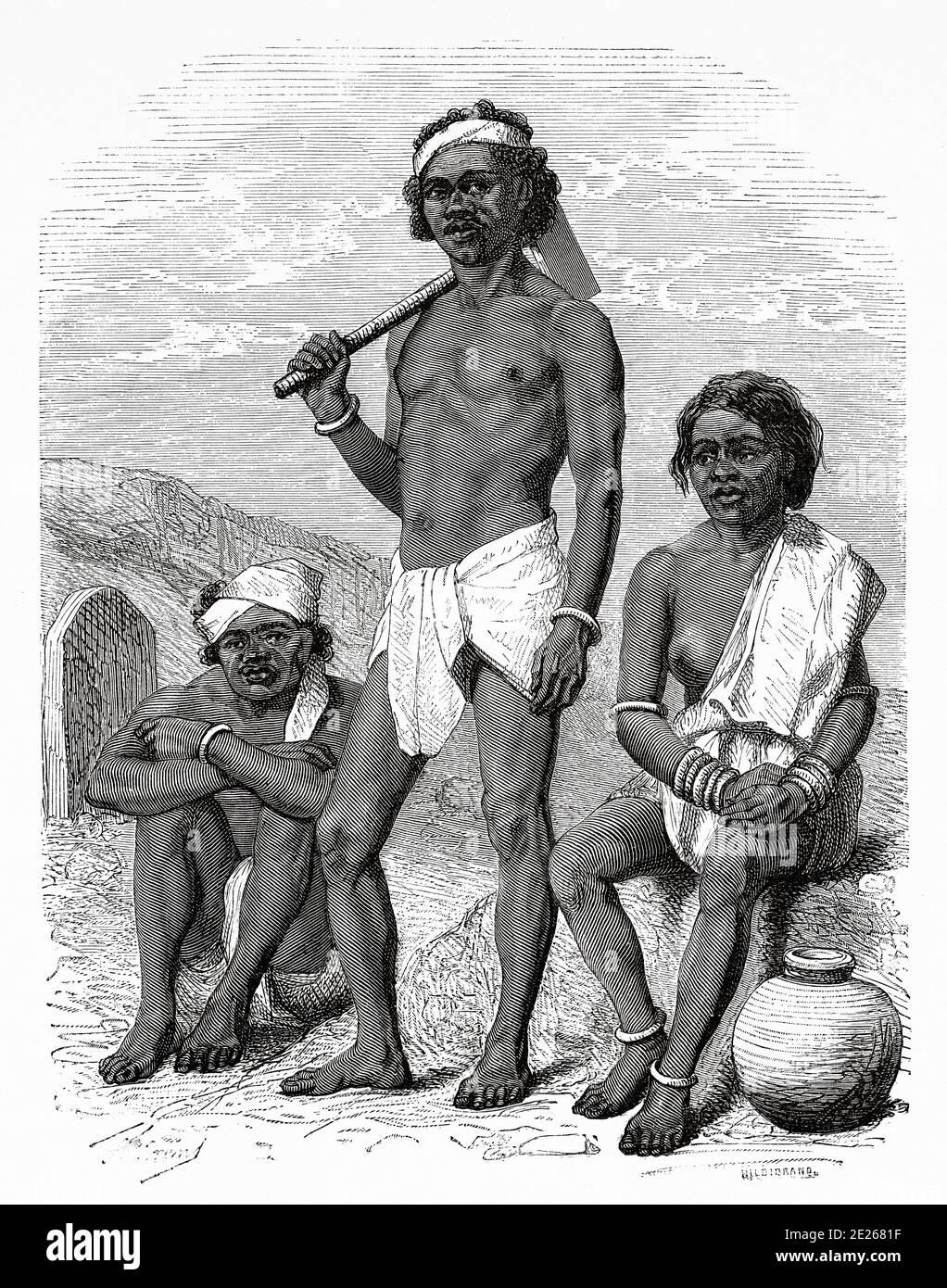 Porträt der Charaktere gond Stamm, Gadchiroli. Maharashtra, Indien. Alte Gravurillustration aus El Mundo en la Mano 1878 Stockfoto
