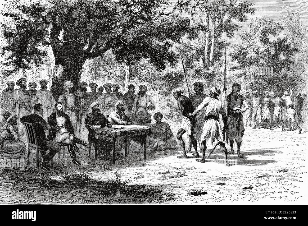 Verwaltung der Justiz im Wald, Indien. Alte Gravurillustration aus El Mundo en la Mano 1878 Stockfoto