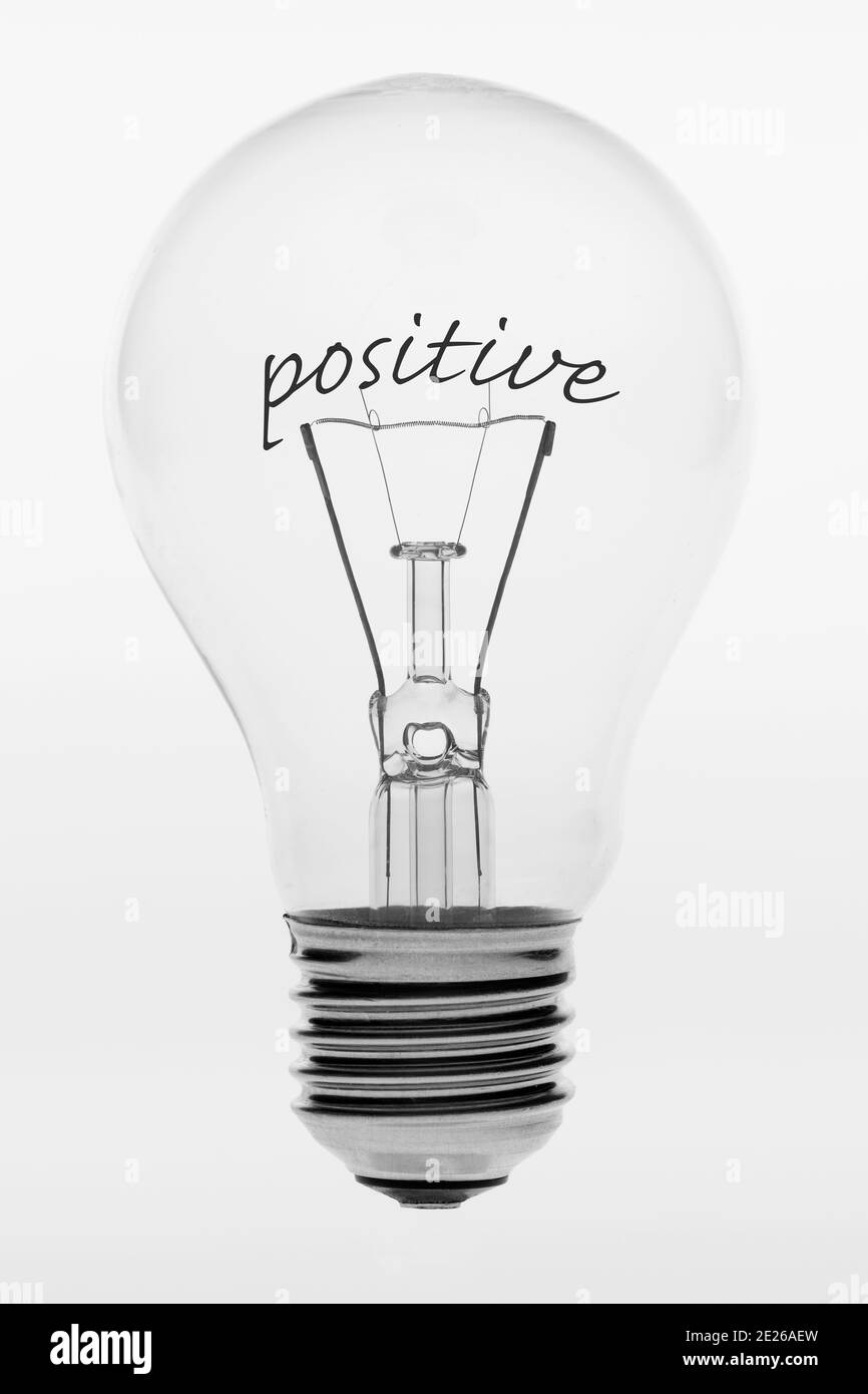 Isoliertes Foto einer altmodischen Glaslampe mit dem Deutscher Text positiv Stockfoto