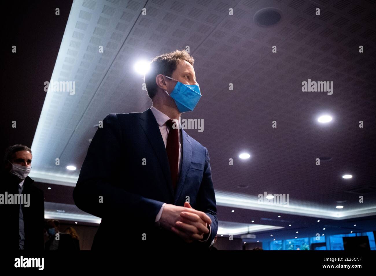 Clement Beaune, Staatssekretär für europäische Angelegenheiten beim Minister für Europa und auswärtige Angelegenheiten Frankreichs, hielt ein Briefing mit über Stockfoto