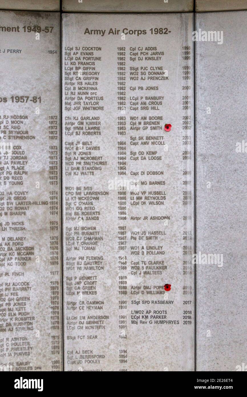 Liste der Namen der Piloten des Army Air Corps auf dem Army Flying Memorial, dem Army Flying Museum, einem Militärflugmuseum in Stockbridge, Hampshire, Großbritannien. Stockfoto