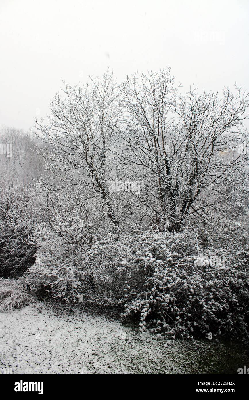 Erster sanfter Winterschnee 2021. Rund um Zagreb, Kroatien, Europa Stockfoto