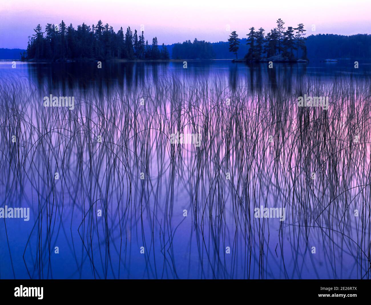 Vordämmerungsfarben, wahrscheinlich 20 Minuten vor Sonnenaufgang Anfang August auf einem See im Quetico Provincial Park in Ontario, Kanada. 2 Sek. Belichtung auf Film w Stockfoto
