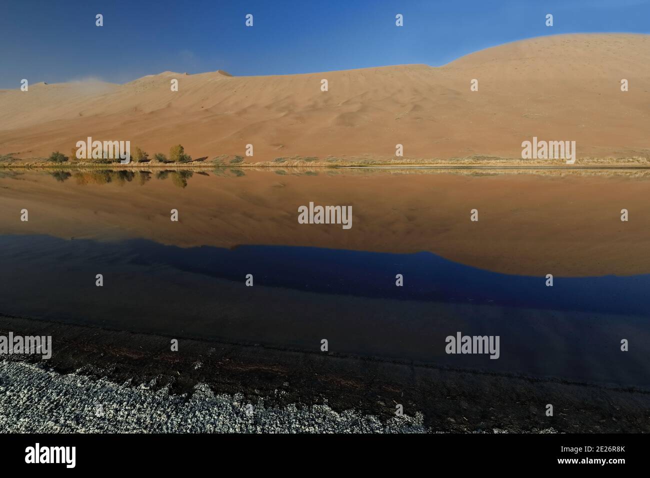 Sumu Jaran Lake westlichen Megadune-Spiegelung Wasser-Badain Jaran Wüste. Innere Mongolei-China-1201 Stockfoto