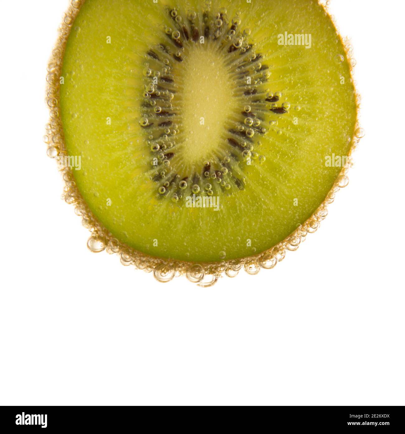 Kiwi-Scheibe in Seifenblasenflüssigkeit getaucht. Weißer Hintergrund. Stockfoto