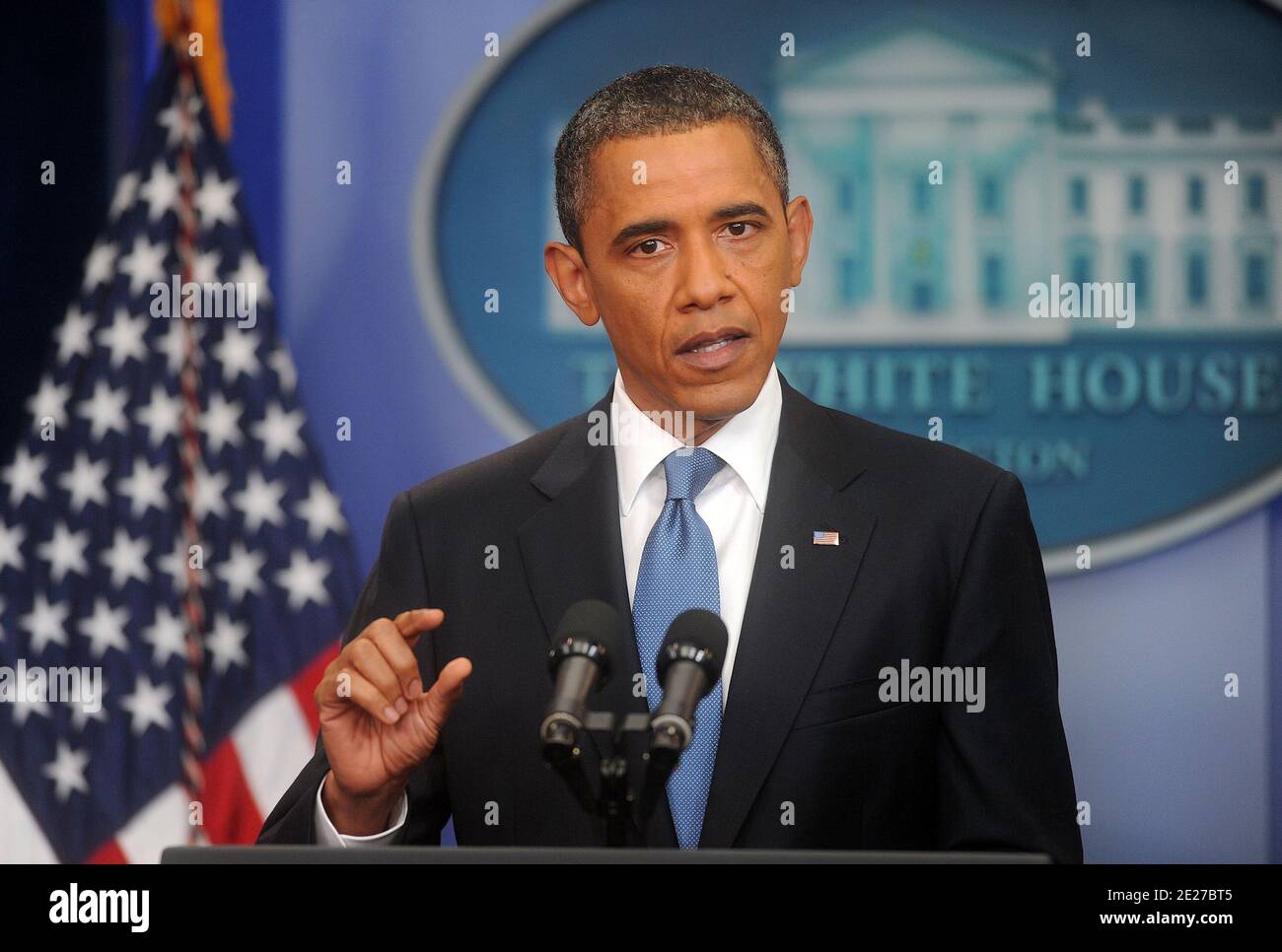 US-Präsident Barack Obama hält am 11. Juli 2011 im Brady Press Briefing Room eine Pressekonferenz über den Stand der Bemühungen um einen ausgewogenen Ansatz zur Defizitreduzierung in Washington, DC, USA, ab. Foto von Olivier Douliery/ABACAPRESS.COM Stockfoto