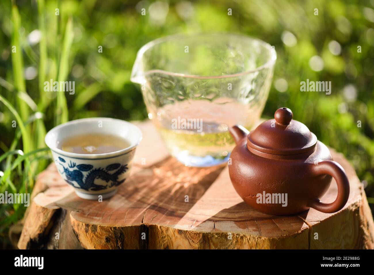 Gesundes Getränk. Grüner Tee in chinesischen Ton Teekanne und Tassen auf Holzplatte auf grünem Gras in heller Sonne Nahaufnahme Stockfoto