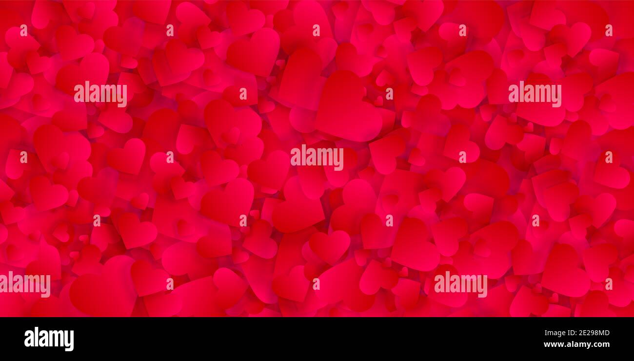 Valentine Liebe Herzen abstrakter Hintergrund, Muster, 3d-Effekt-Textur mit roten Blütenblättern oder Konfetti. Romantisches Banner oder Poster Vorlage, Hochzeit invita Stockfoto